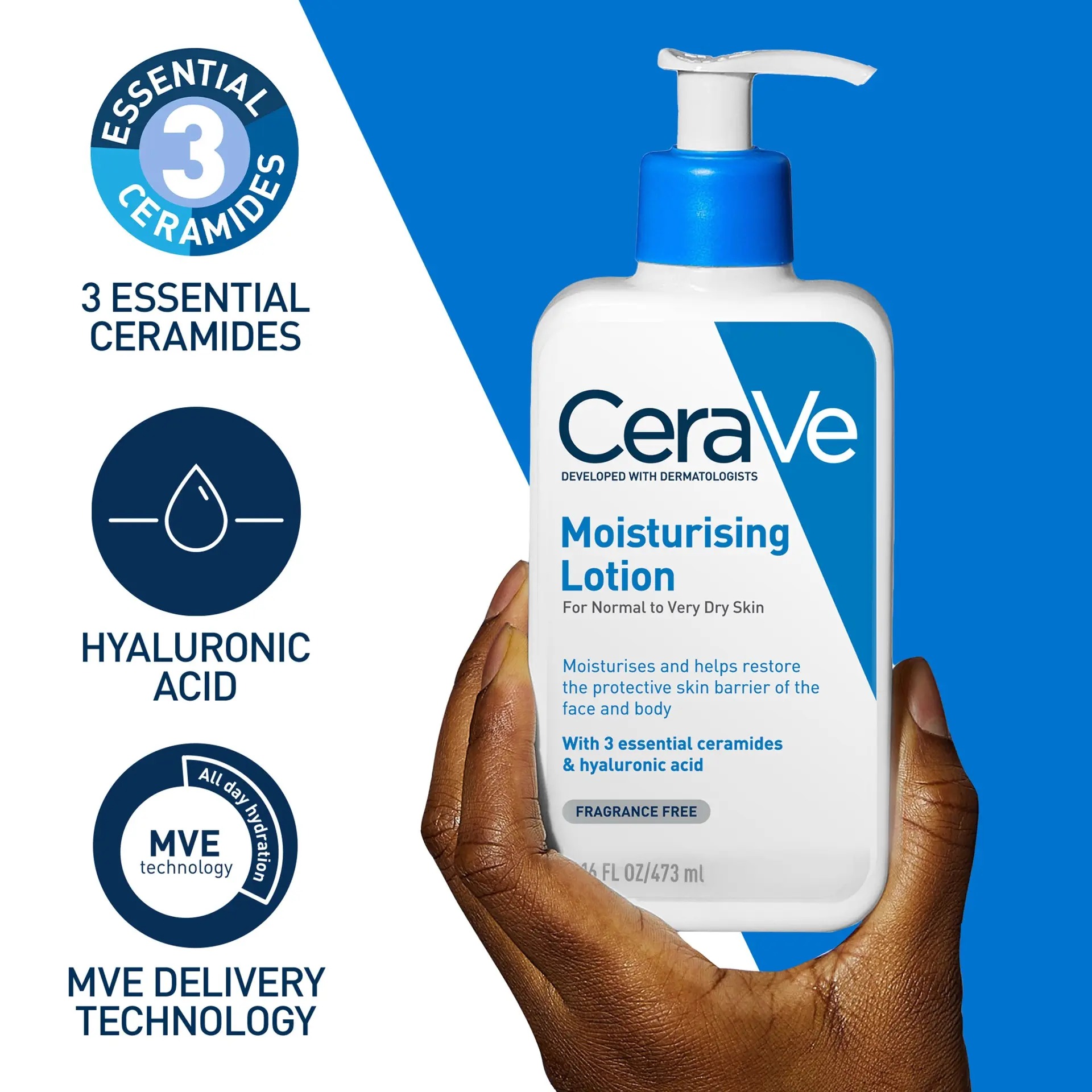 3 essential ceramides, hyaluronic acid and MVE delivery technology