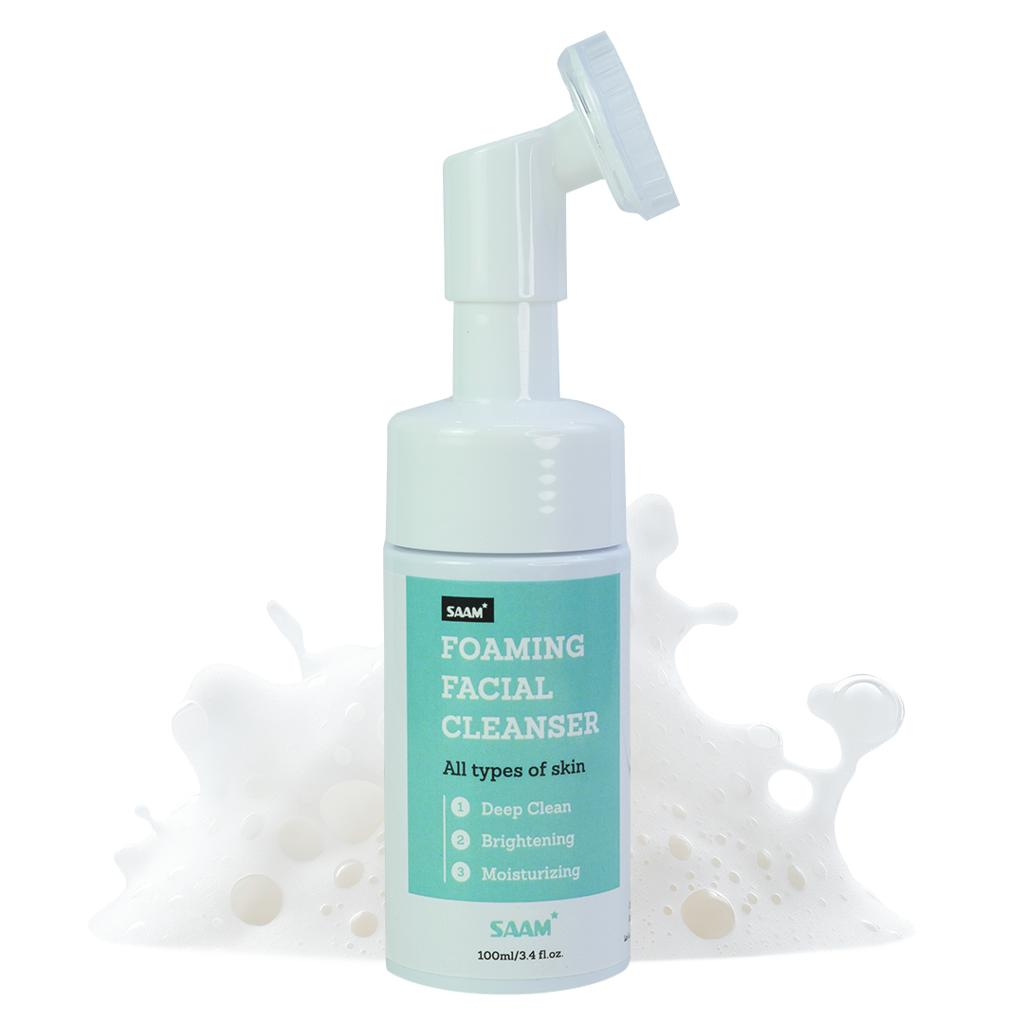 SAAM Foaming Facial Cleanser 100ml bottle with brush head and foam