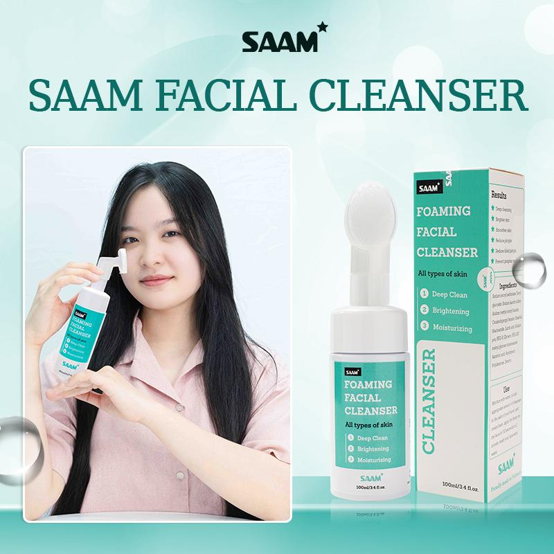 SAAM Foaming Facial Cleanser bottle and carton with benefits