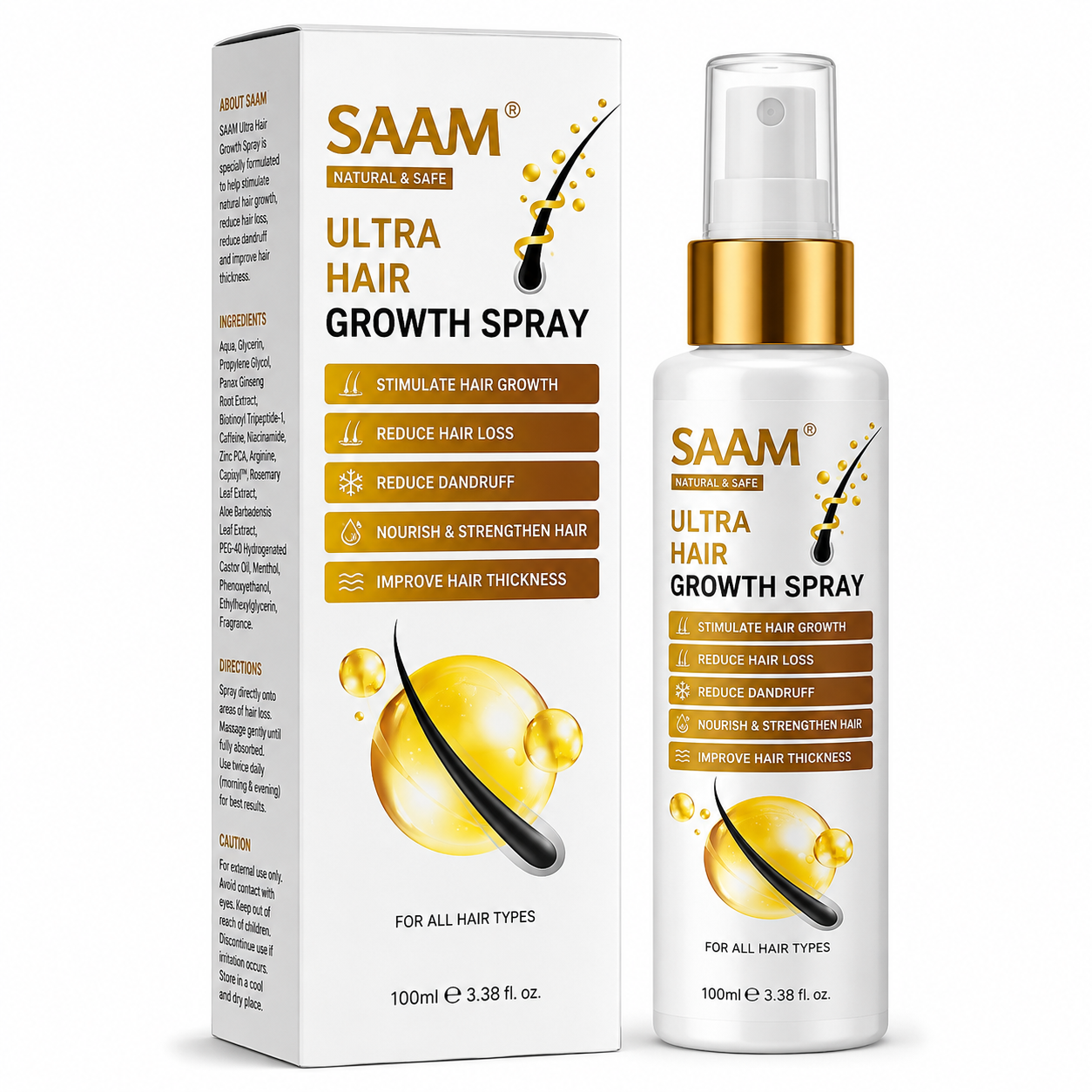 SAAM Ultra Hair Growth Spray 100ml bottle with carton