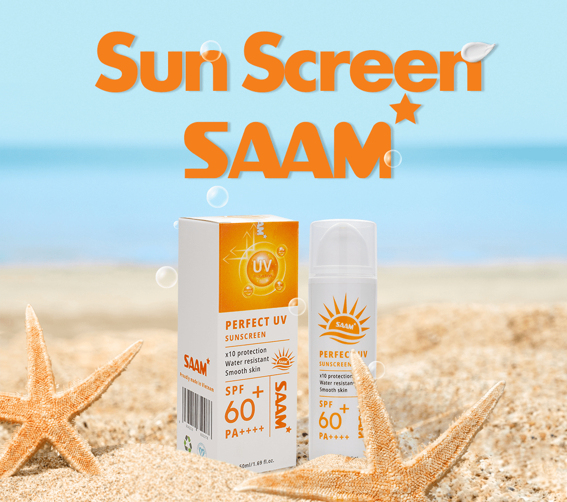 SAAM Perfect UV Sunscreen SPF 60+ PA++++ 50ml carton and pump bottle on a beach